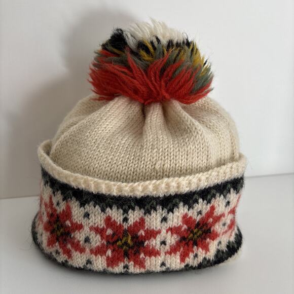 Hand Knit Hat Wool Beanie Fair Isle Pom Pom Handmade - Picture 1 of 8